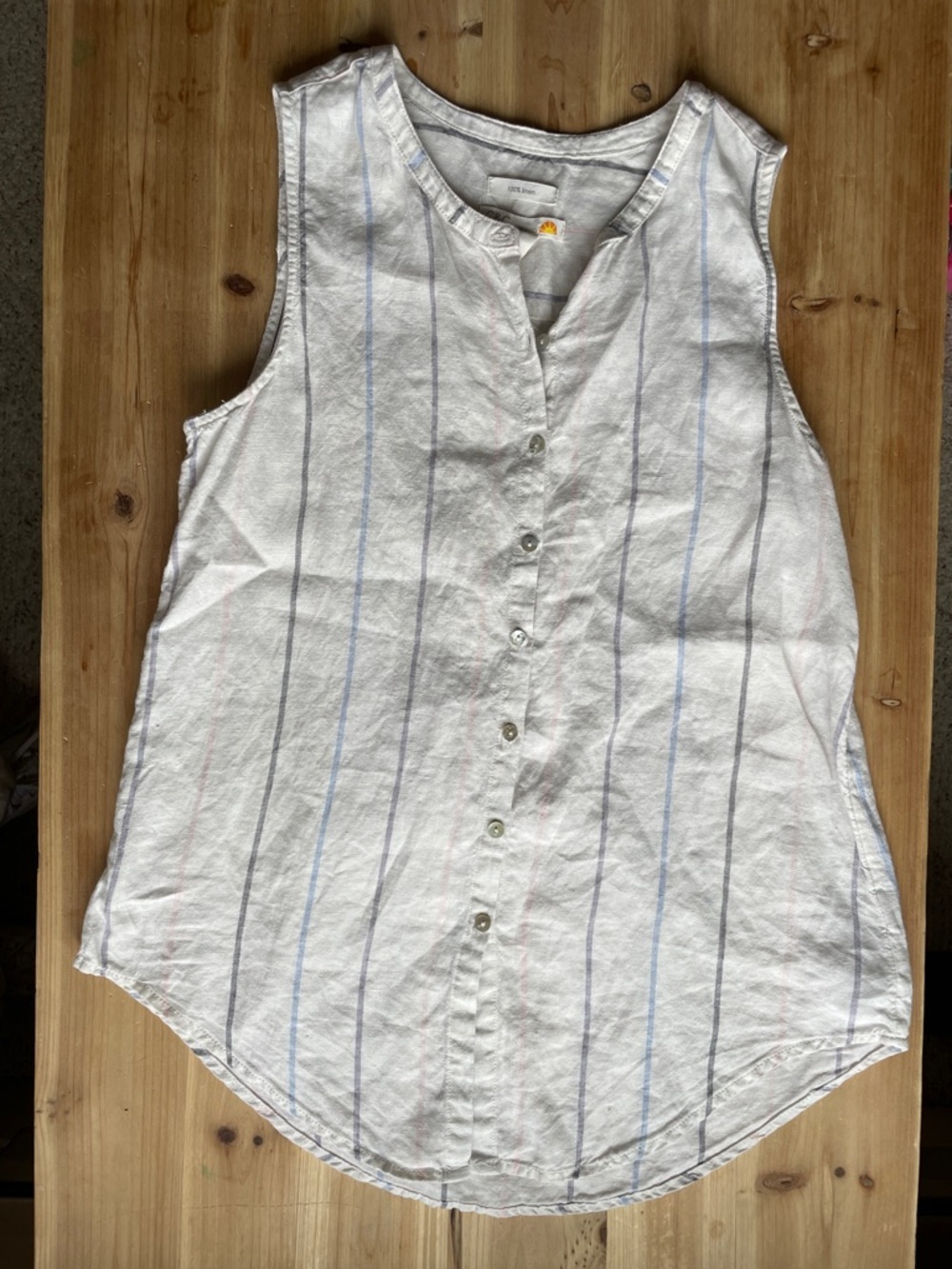 C&C California 100% Linen White Sleeveless Button-Front Coastal Striped Top - Picture 8 of 8